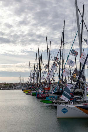 LES SABLES D'OLONNE, FRANCE - OCTOBER 19, 2020:  Monohulls on the pontoon for the Vendee Globe 2020 on October 19,2020. in Les Sables d'Olonne, France.のeditorial素材