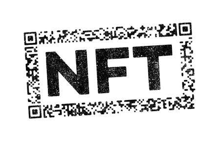 Vector illustration of the acronym NFT (Non-Fungible Token) in black ink stamp with an QR Code frameのイラスト素材