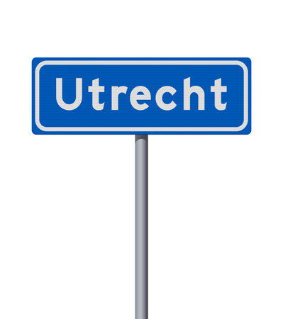 Vector illustration of the City of Utrecht (Netherlands) entrance blue road sign on metallic poleのイラスト素材