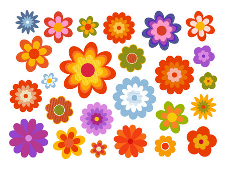Vector illustration of flowers with dots in a vintage graphic styleのイラスト素材