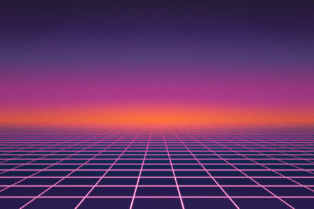 Background of pink neon grid with sunrise horizon and retro grain effectの写真素材
