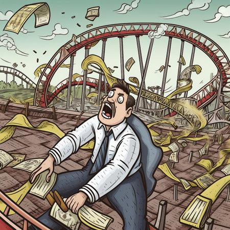Angry businessman sitting on the bridge and looking at the falling moneyの素材