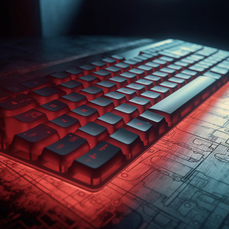 Computer keyboard on a blue background. 3d rendering toned imageの素材