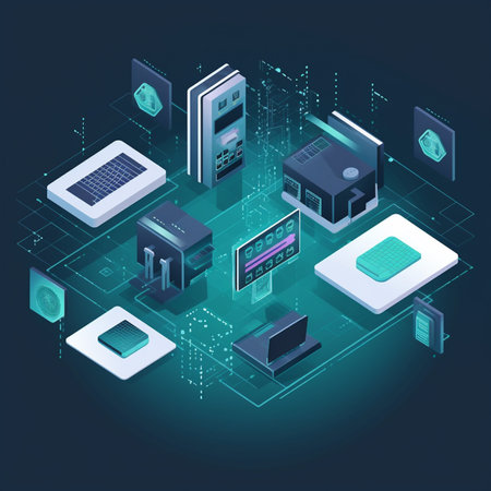 Data center isometric concept with server and network on dark blue background vector illustrationの素材