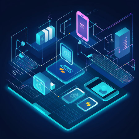 Isometric smartphone and tablet on blue background. 3d vector illustration.の素材