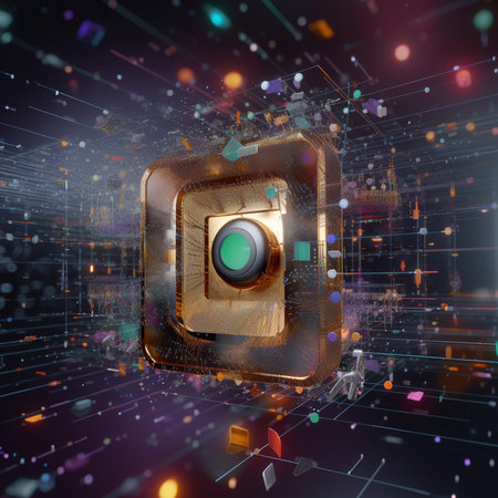 3D rendering of an old camera in front of a colorful bokeh backgroundの素材