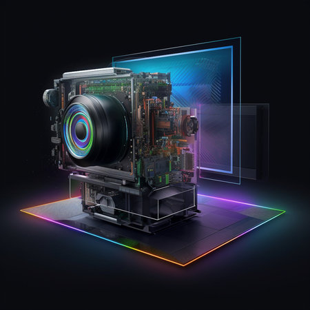3d rendering of a camera on a black background with neon lightsの素材