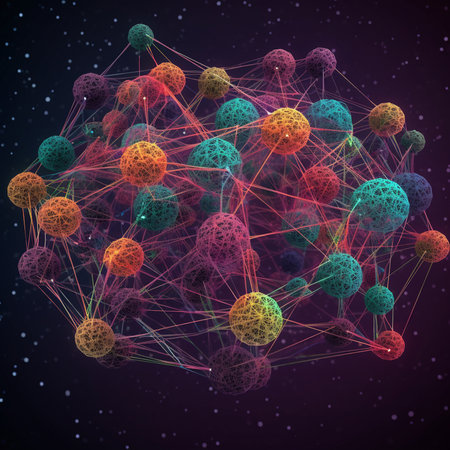 3D illustration of a network of connections with spheres in space.の素材