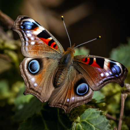 Peacock butterfly (Inachis io) sitting on a plantの素材