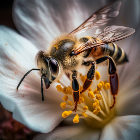Bee on a white flower. Macro shot. Shallow depth of field.の素材