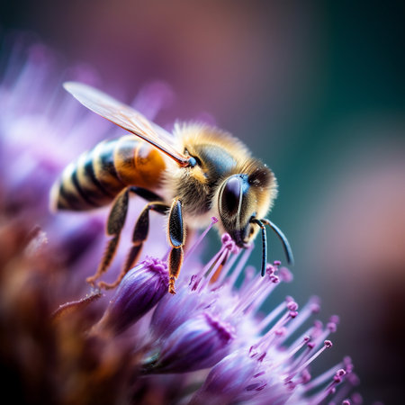 Bee on purple flower. Macro shot. Shallow depth of field.の素材