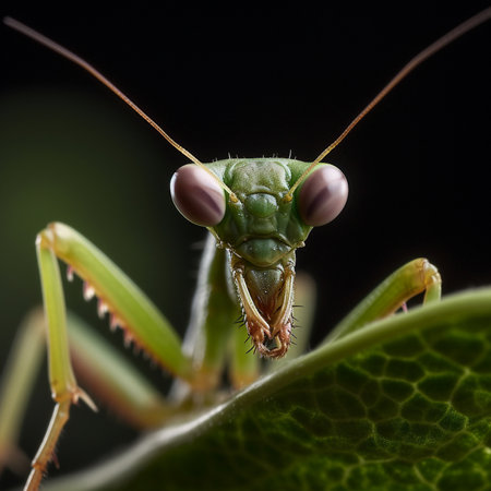 Close up of a praying mantis on a green leaf. Macroの素材