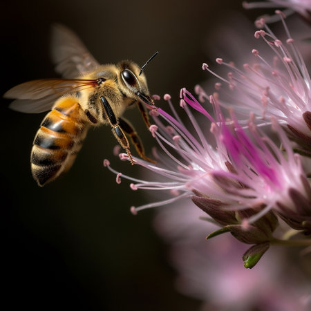 Bee on a pink flower. Macro photography with shallow depth of field.の素材