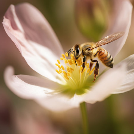 Bee on white flower. Macro photo with shallow depth of field.の素材