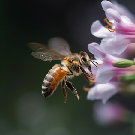 Honey bee collecting pollen from pink flower. Shallow depth of field.の素材