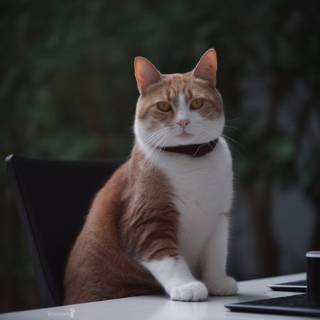 Cute cat sitting on a table in a home office with a laptopの素材