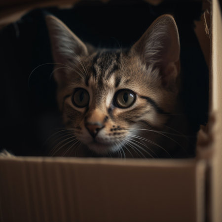 Cute little kitten in a cardboard box. Selective focus.の素材