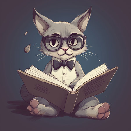 Funny cat in glasses reading a book. Vector cartoon illustration.の素材