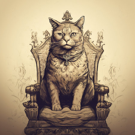 Sketch of a cat sitting on a throne with a crownの素材