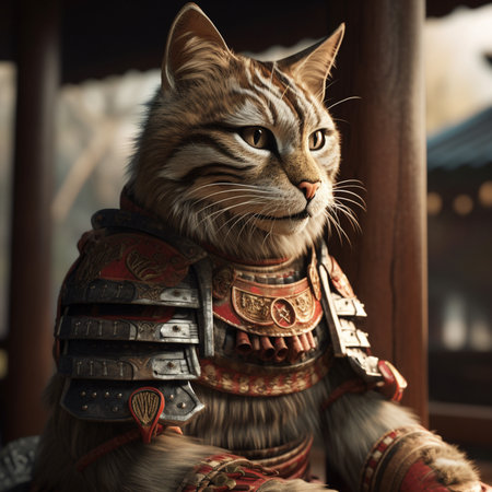 Cute tabby cat wearing a costume of a samurai warrior.の素材