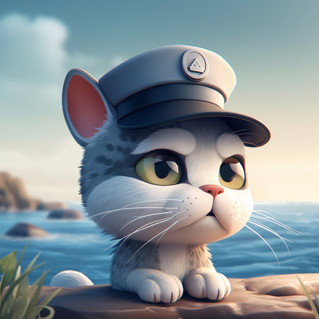 cute cartoon cat wearing a cape on the background of the seaの素材