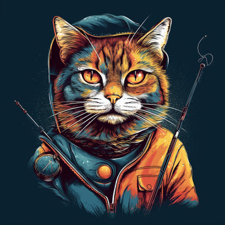 Portrait of a cat with a fishing rod. Vector illustration.の素材