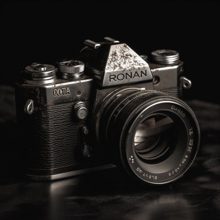 Vintage camera on a dark background. Black and white photo.の素材