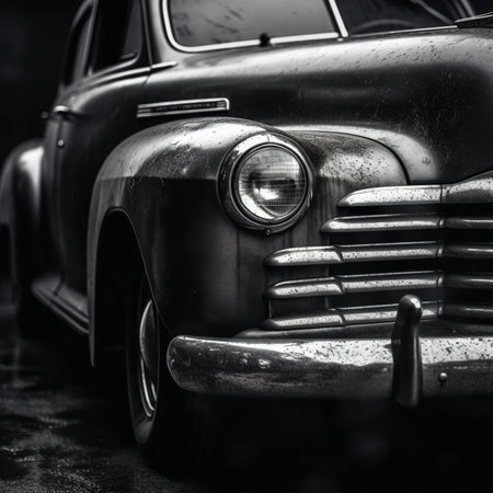 Old american car. Black and white photo. Close up.の素材