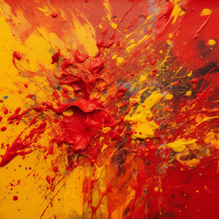 Colorful splashes of paint on a red and yellow background.の素材