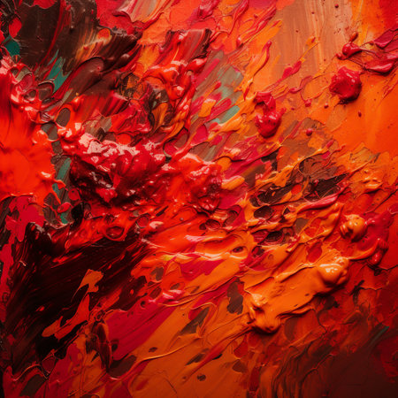 abstract background of acrylic paint splashes in different shades of red and orangeの素材