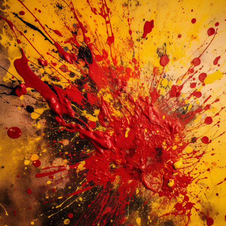 splashes texture paint of red and black ink on a yellow background. abstract backgroundの素材