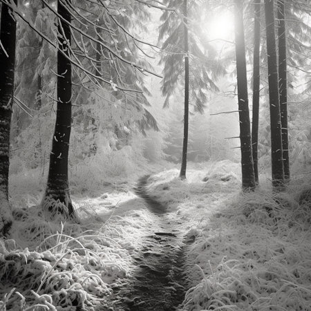 Snowy winter forest. Black and white photo. Beautiful winter landscape.の素材