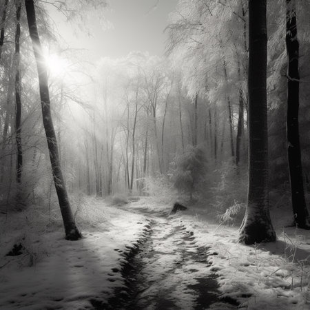 Beautiful winter landscape with a path in the forest. Noir et blancの素材