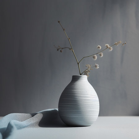 Vase with gypsophila flowers on the table. gray backgroundの素材