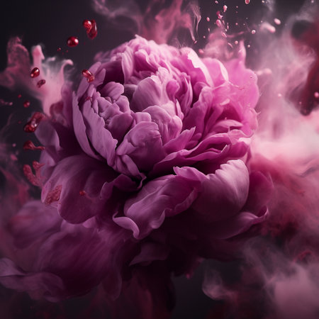 Beautiful pink peony flower on a dark background. Toned.の素材