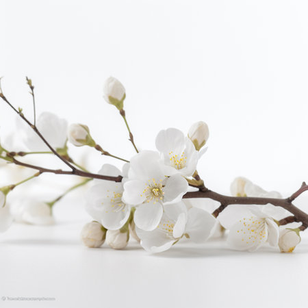 cherry blossom branch on white background with copy space for textの素材