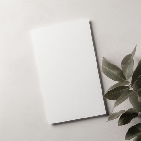 blank white business card with eucalyptus branch on white backgroundの素材
