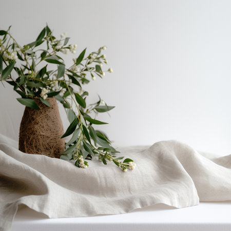 Vase with white gypsophila flowers on a white tableの素材