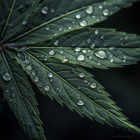 Cannabis leaf with water drops. Macro shot. Selective focus.の素材