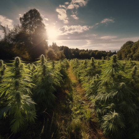 Cannabis field in sunset light. Beautiful landscape with marijuana plants.の素材