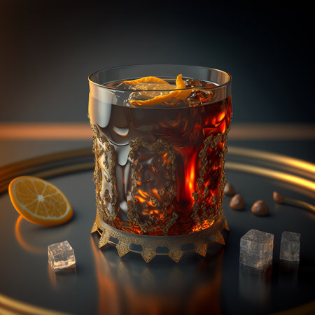 Cuba libre cocktail with ice cubes and lemon slices on black backgroundの素材