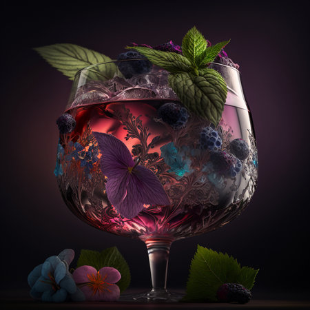 Fruit cocktail in a glass on a dark background. 3d renderingの素材