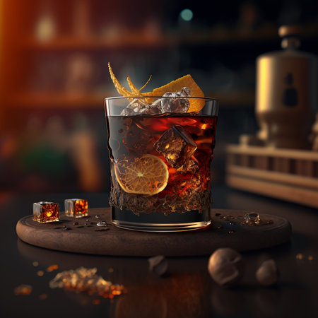 Cuba libre cocktail with ice cubes on black background. 3d illustrationの素材