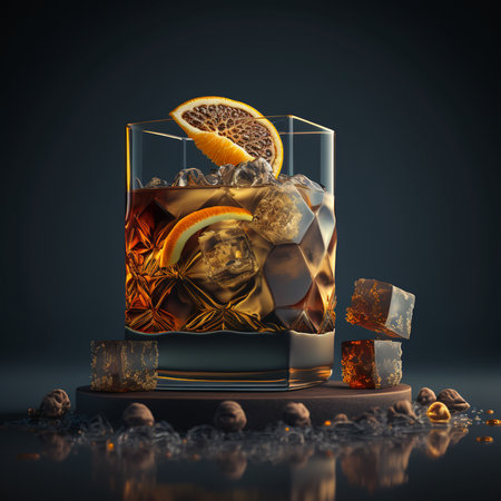 Cocktail in a glass with ice cubes on a dark background. 3d renderingの素材