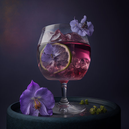Cocktail in a glass with ice and flowers on a dark backgroundの素材