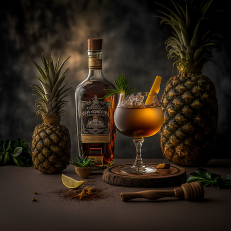 Whiskey with ice cubes and pineapples on dark backgroundの素材