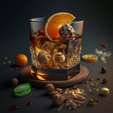 Whiskey with ice cubes, orange and nuts on dark backgroundの素材