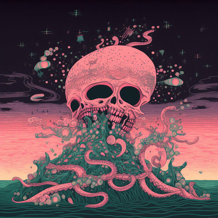 Vector illustration of human skull with octopus tentacles in the sea.の素材