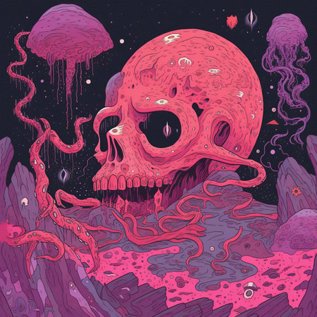Hand drawn vector illustration of a pink skull with tentacles and jellyfish.の素材