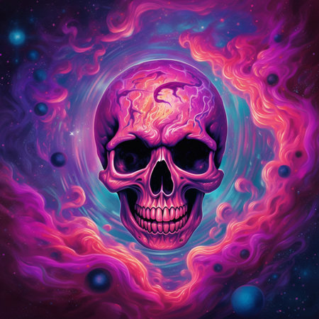 Skull with fire effect on abstract colorful background. Fantasy illustration.の素材